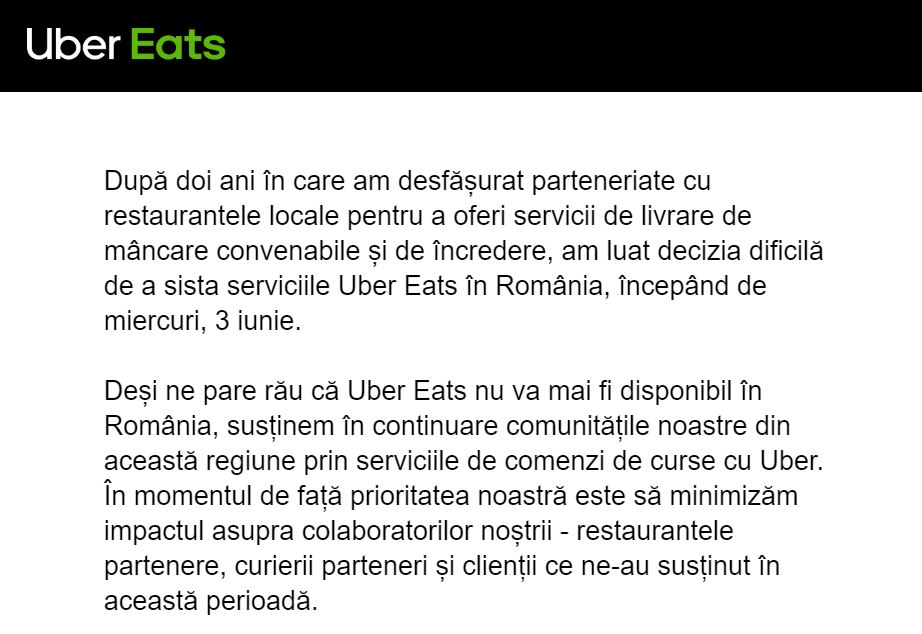 Uber Eats își suspendă activitatea în România începând din 3 iunie ...